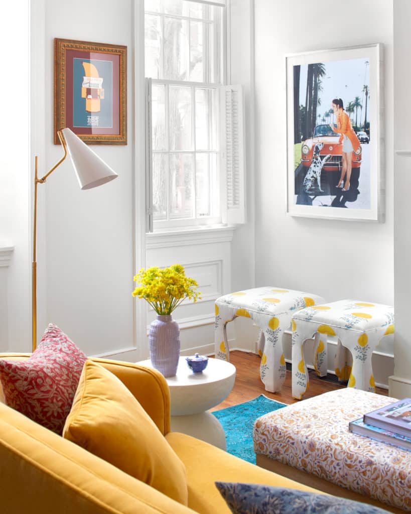 Yellow Velvet Sofa Patterned Ottoman Living Room