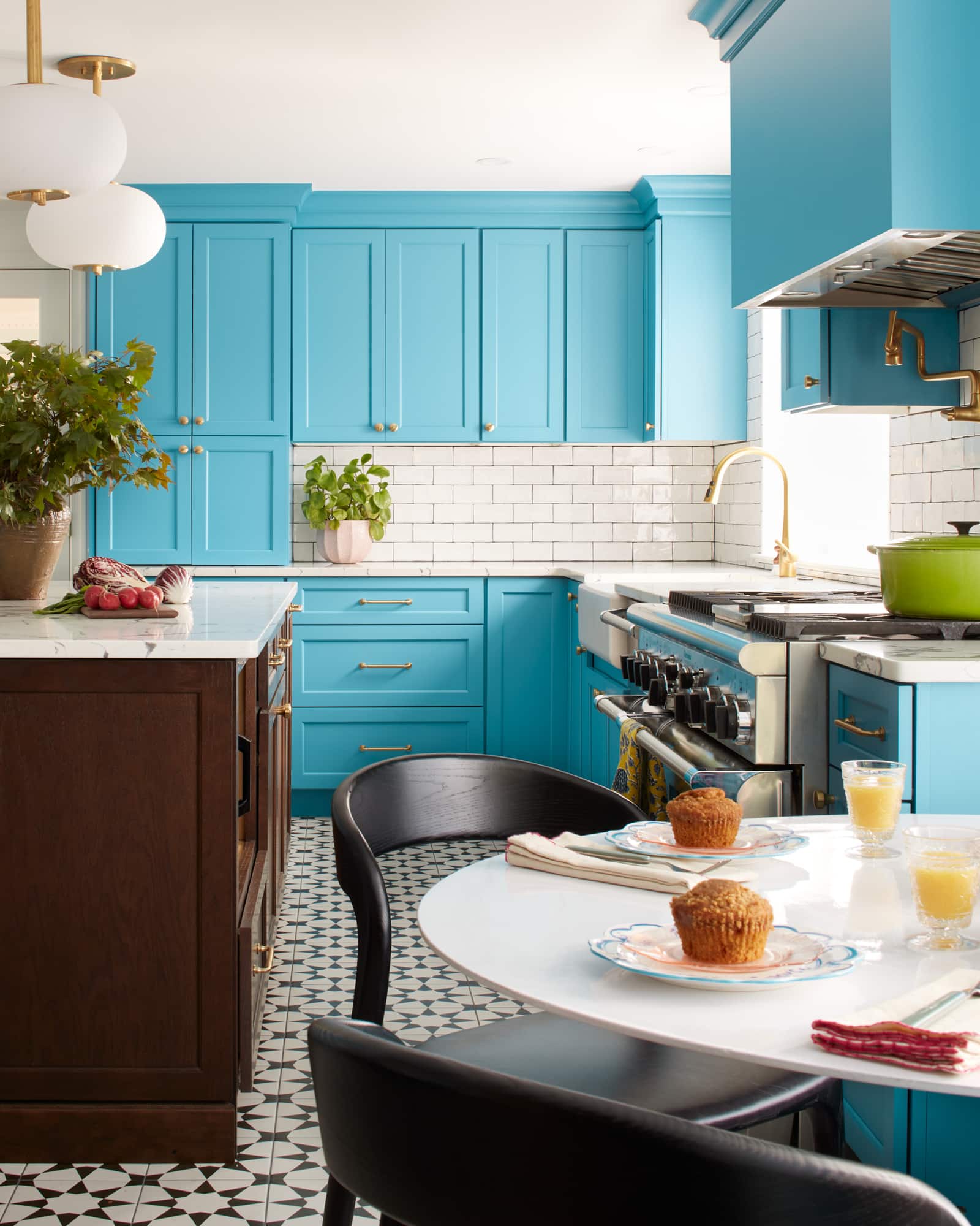 Radnor Kitchen Design Blue Cabinets Brass Lighting