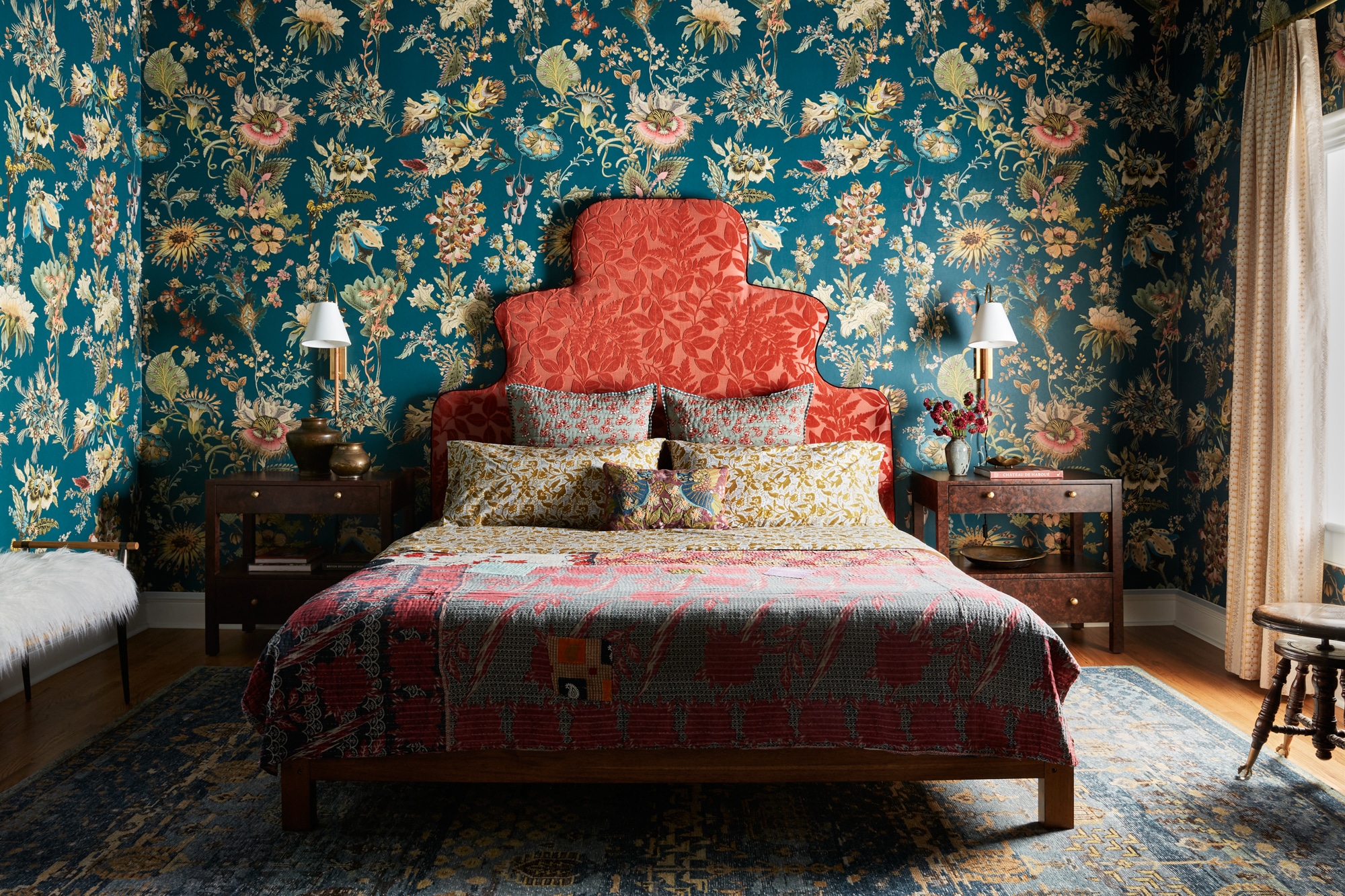 Bedroom Wallpaper Burl Nightstand Upholstered Bed